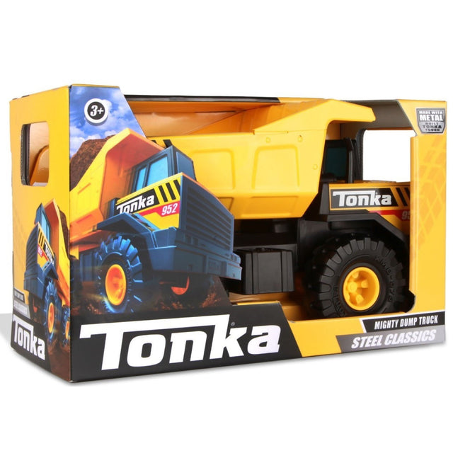 Tonka Mighty Dump Truck toy in yellow and black steel construction, designed for kids 3 years and older.