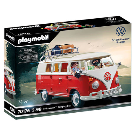 Playmobil Volkswagen T1 Camp Bus with removable roof, detailed interior, figures, and vintage red and white design.
