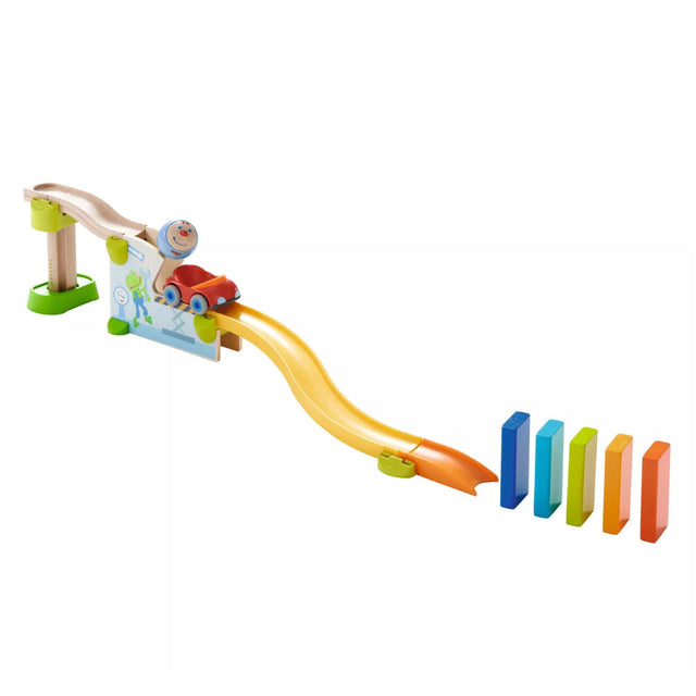 Kullerbu Jump into Car with Bret Boomer racing down ramp and colorful dominoes for children ages 2 and up.