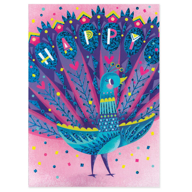 Peacock Foil Card featuring a colorful peacock with reflective wings and "HAPPY" balloons on a pink background.