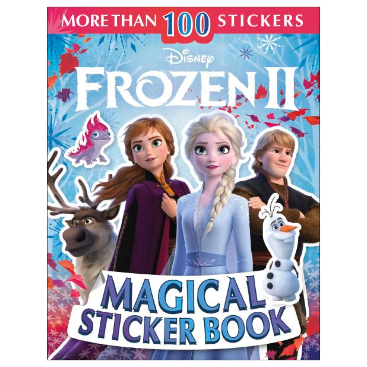 Frozen II Magical Sticker Book featuring Elsa, Anna, Olaf, Kristoff, Sven, and over 100 colorful stickers.