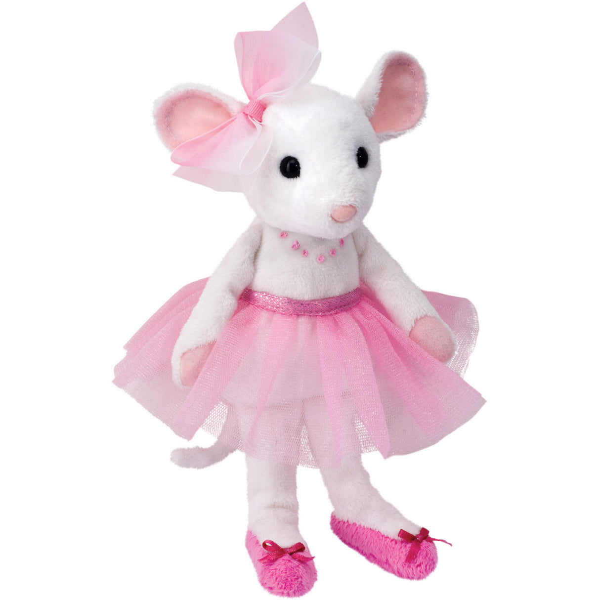 Mouse Pink Ballerina Petunia plush mouse wearing a pink tulle tutu, matching ear bow, and slippers with satin bows.