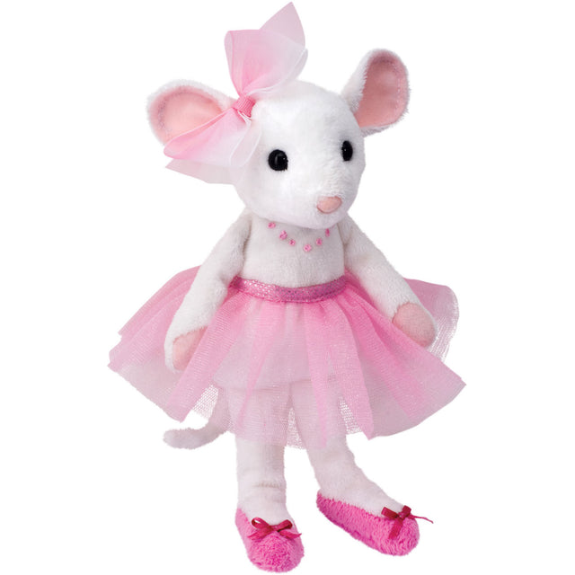 Mouse Pink Ballerina Petunia plush mouse wearing a pink tulle tutu, matching ear bow, and slippers with satin bows.