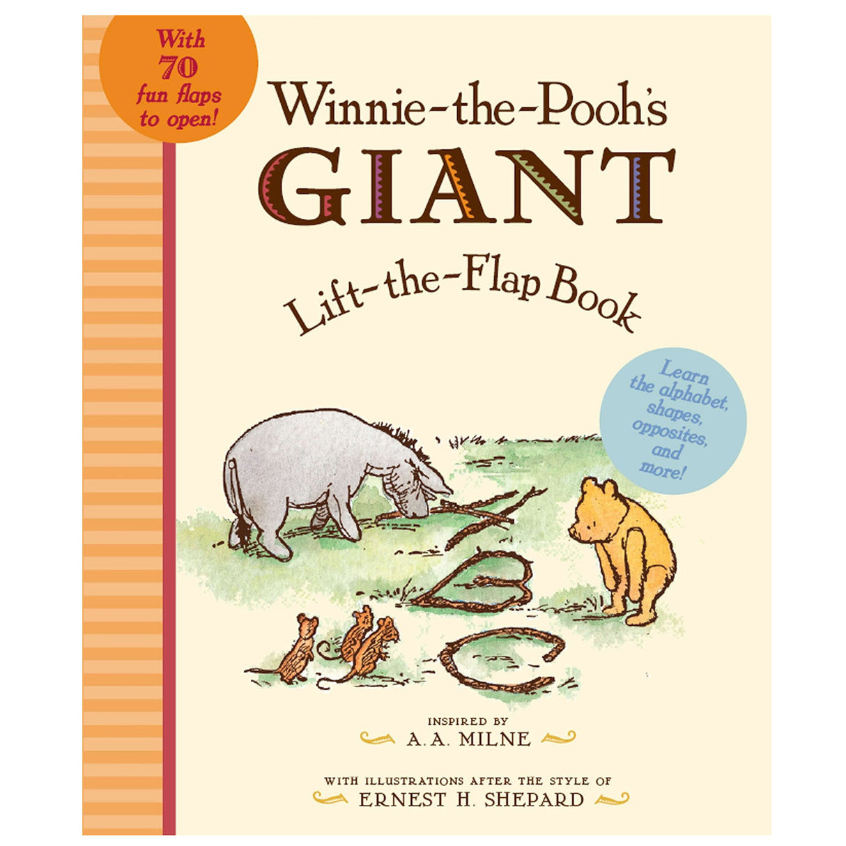 Winnie the Pooh Giant Flap Book cover featuring characters and promoting 70 interactive flaps to learn alphabet, shapes, and more.