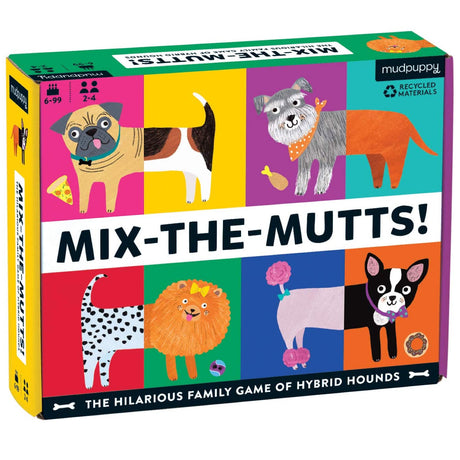Mix-the-Mutts! family game box with colorful hybrid dog illustrations and playful puzzle pieces for ages 6-99.