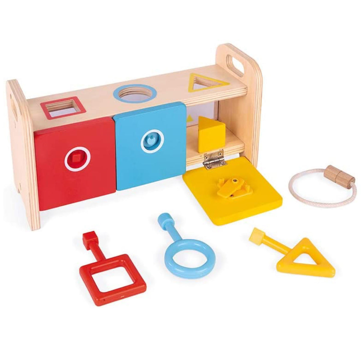 Shape Sorter Box with Keys wooden toy with 3 colorful keys and shape blocks for child dexterity development.