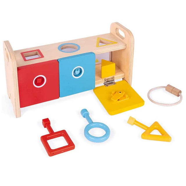 Shape Sorter Box with Keys wooden toy with 3 colorful keys and shape blocks for child dexterity development.