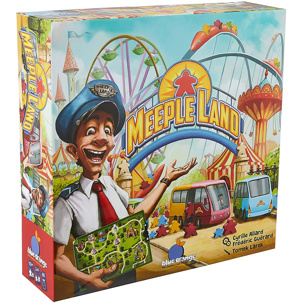 Meeple Land board game box featuring colorful amusement park rides and a friendly guide holding a game map.