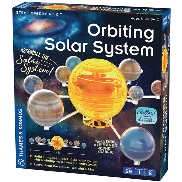 Orbiting Solar System mechanical model kit with colorful planets and sun, teaches planetary orbits and gear mechanics.
