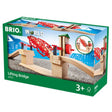 BRIO Lifting Bridge wooden railway toy with manual crank to lift bridge and lower stop barriers for ages 3 plus.