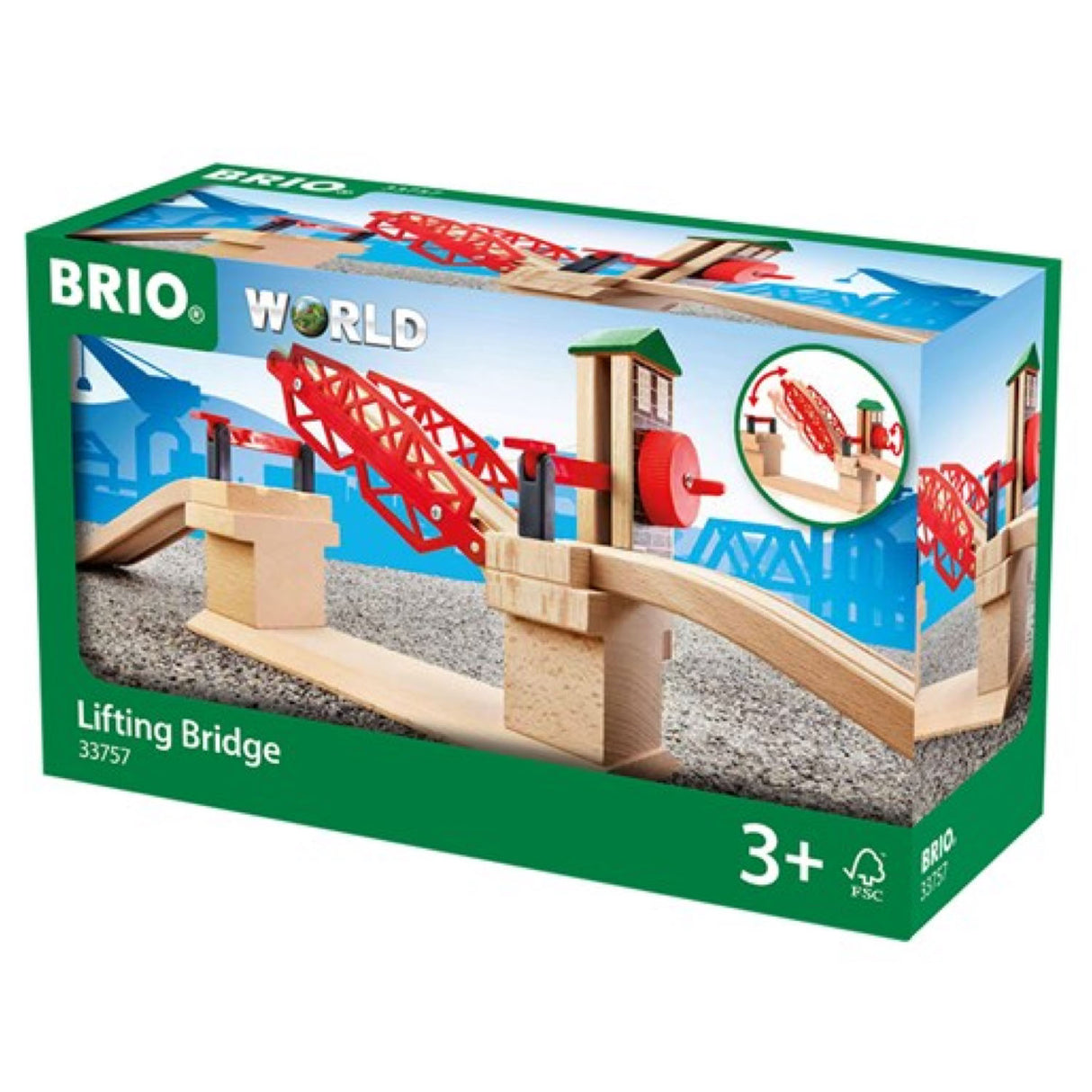 BRIO Lifting Bridge wooden railway toy with manual crank to lift bridge and lower stop barriers for ages 3 plus.