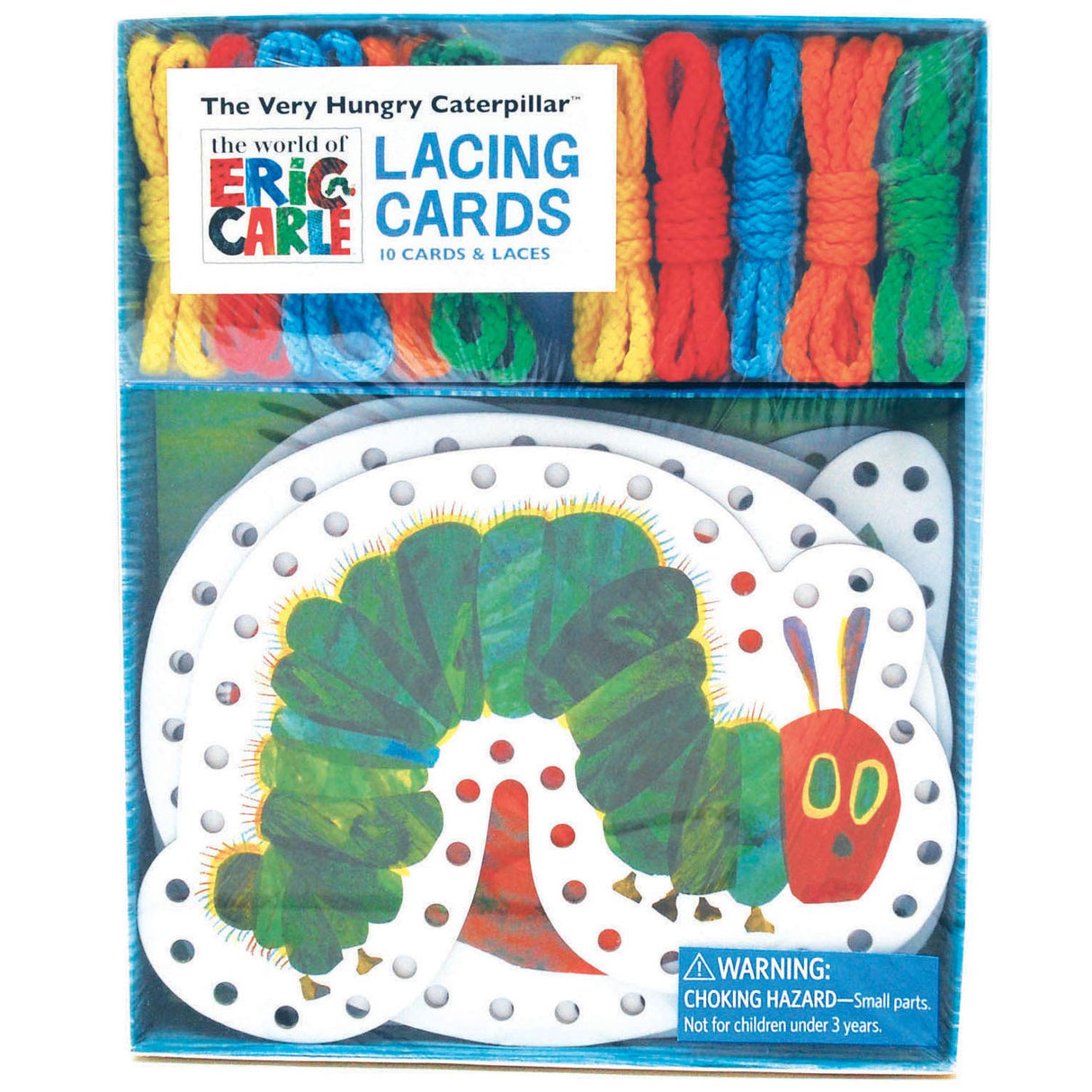 Very Hungry Caterpillar Lacing Cards with colorful laces and 10 pre-punched cards for fine motor skill fun.