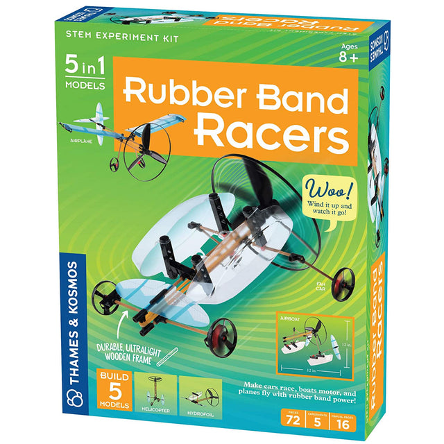 Rubberband Racers STEM kit with five buildable ultralight rubber band powered vehicles for kids ages 8 and up.