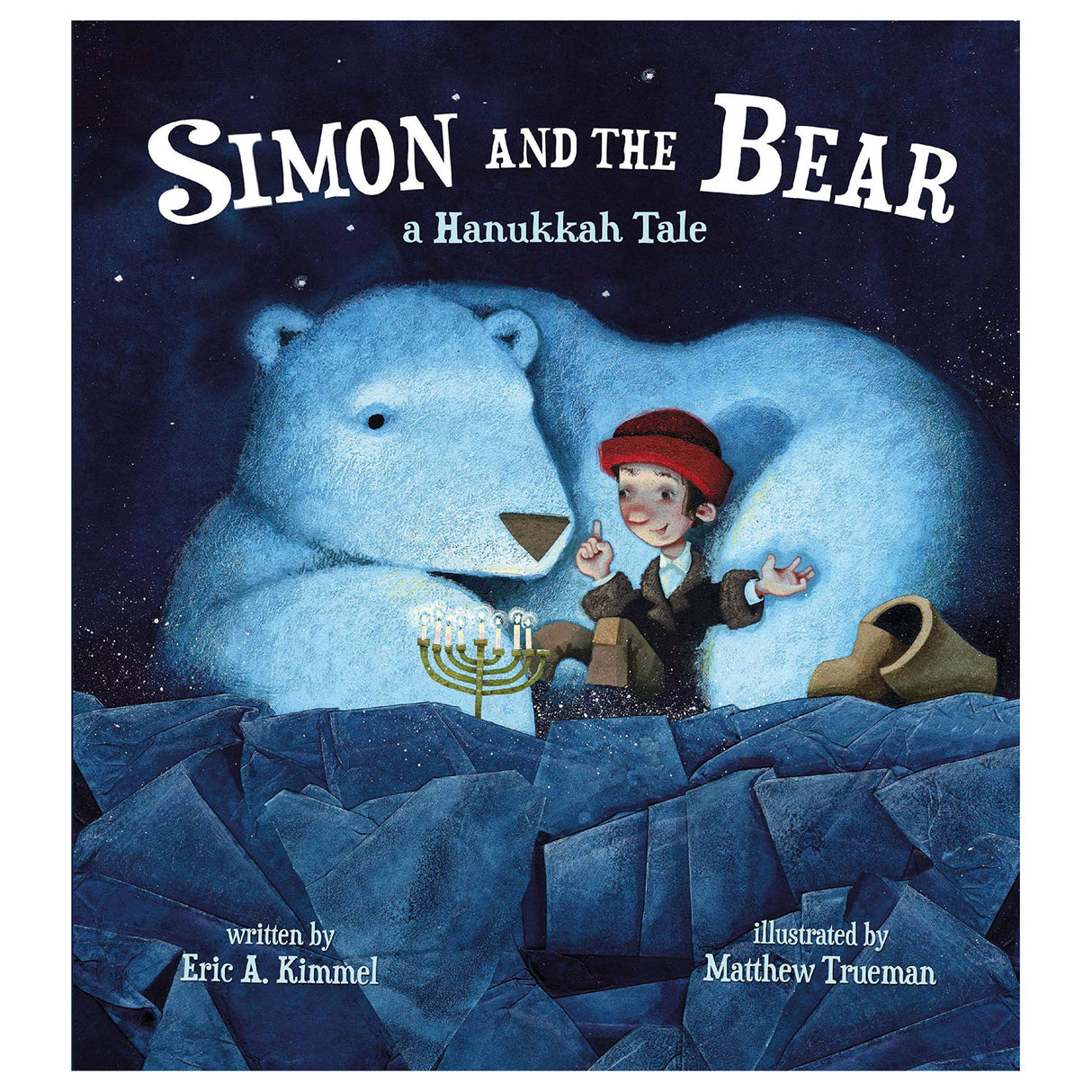 Simon and the Bear book cover shows a boy lighting a menorah beside a large friendly polar bear under a starry night sky.