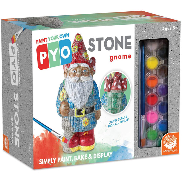 PYO Stone Gnome kit with paints and brush for creating a hand-painted, whimsical garden gnome décor piece.