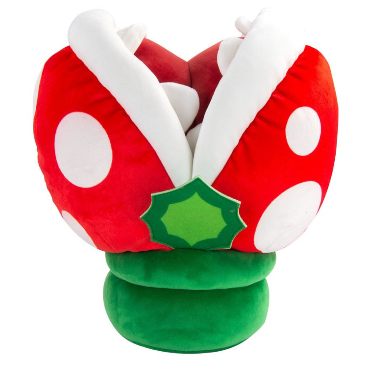 Super Mario Piranha plush features soft red and white petals with green stem, perfect for cuddling and collecting.