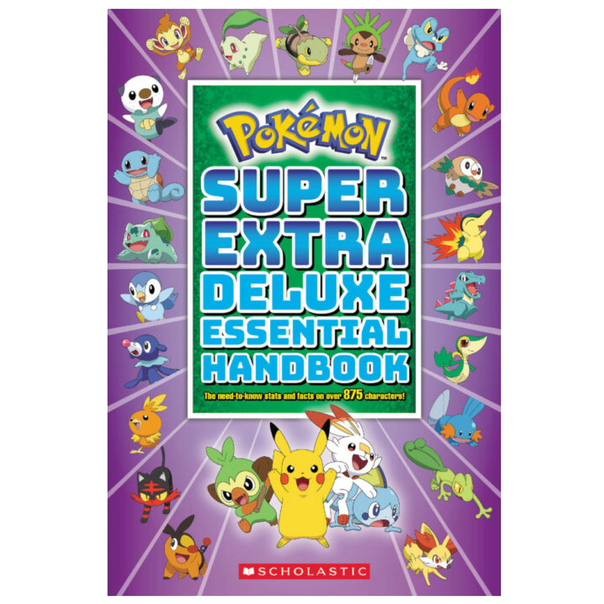 Pokemon Super Extra Deluxe Essential Handbook cover featuring various Pokémon characters on a purple background.