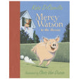 Cover of Mercy Watson to the Rescue showing a happy pig running with a boy waving from a house window.