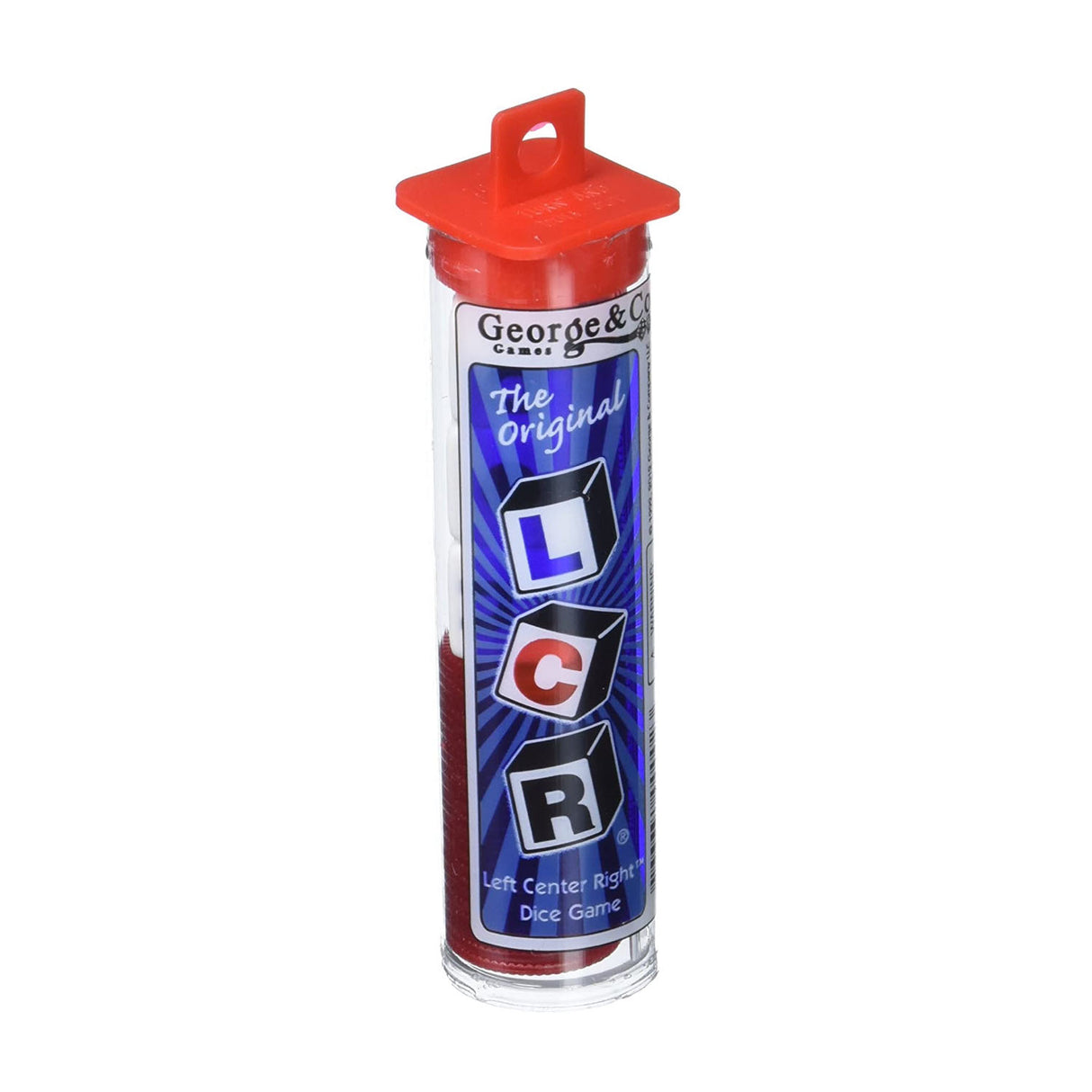 LCR dice game in clear tube with red cap featuring Left Center Right gameplay and colorful chips inside.