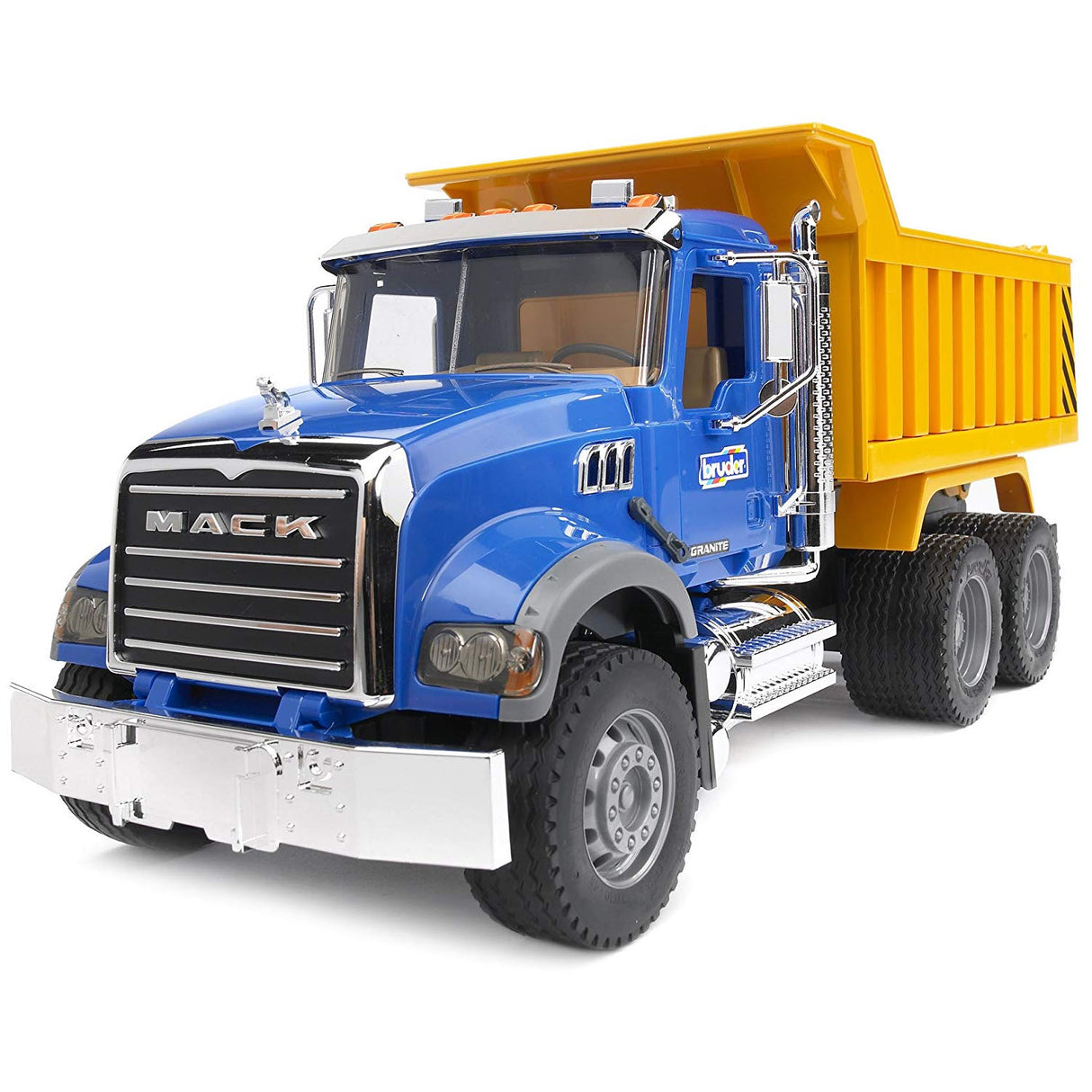 Mack Granite Tip Up Truck with realistic cabin, chrome details, and yellow tipper bed, perfect for truck fans and kids 3+.