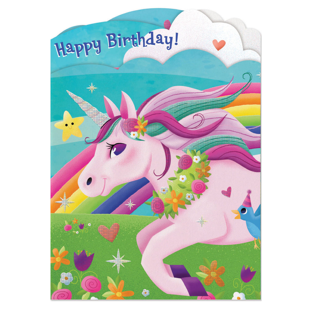 Unicorn Tri-Fold Card with bright colors, foil details, and a happy birthday unicorn under a rainbow and stars.
