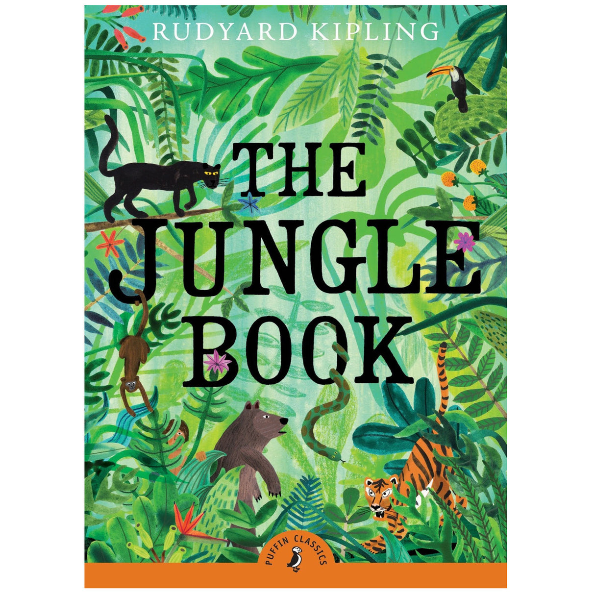 The Jungle Book book cover featuring illustrated jungle animals and lush green foliage by Rudyard Kipling.