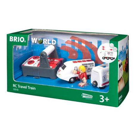 RC Travel Train toy set with remote control, passenger figure, and white train engine perfect for kids ages 3 and up.