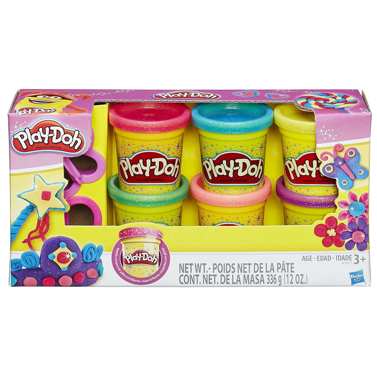 Play Doh Sparkle set with 6 colorful sparkling compounds and 2 cutters for creative fun ages 3 and up