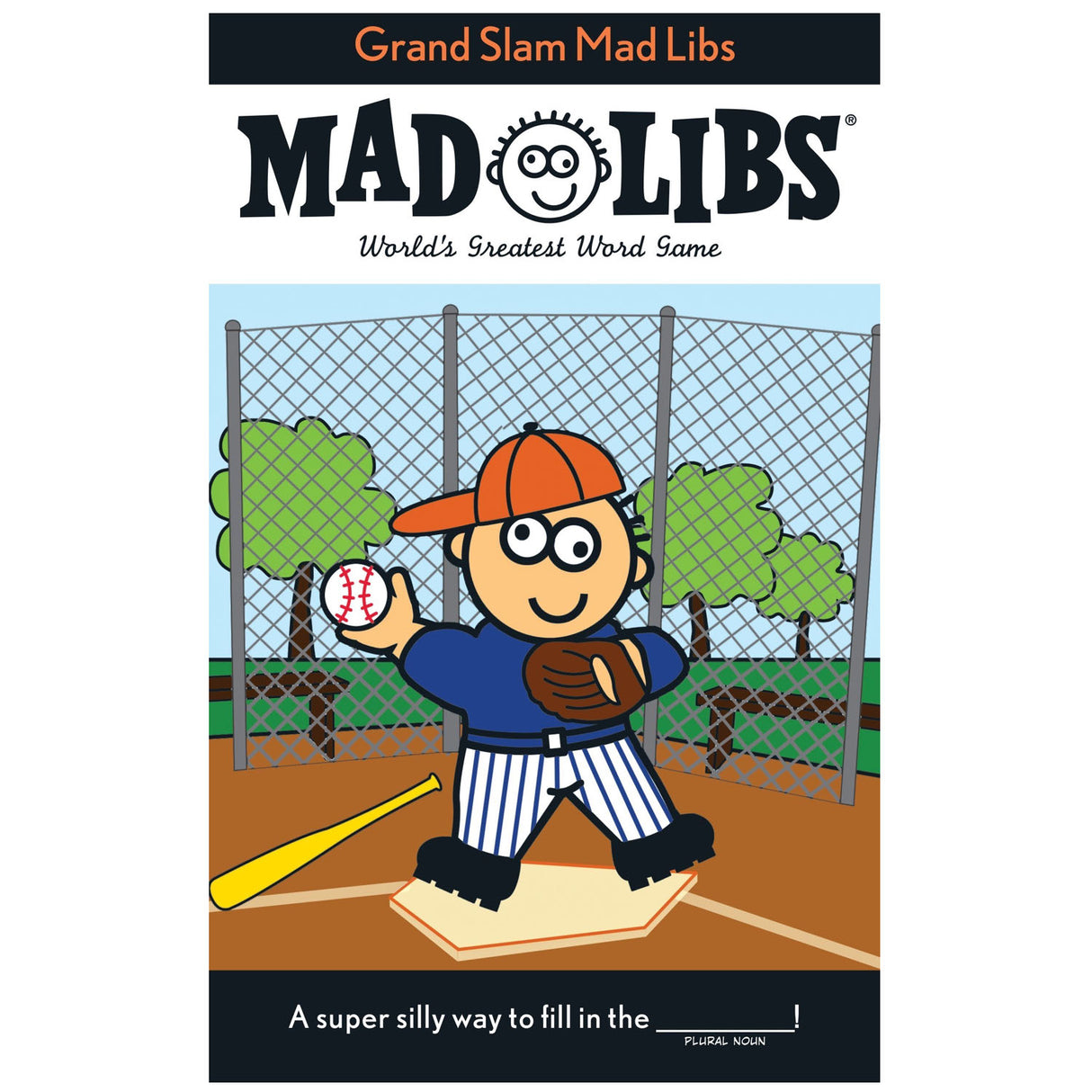 Mad Libs Grand Slam with a cartoon baseball player ready to pitch on a baseball field background.