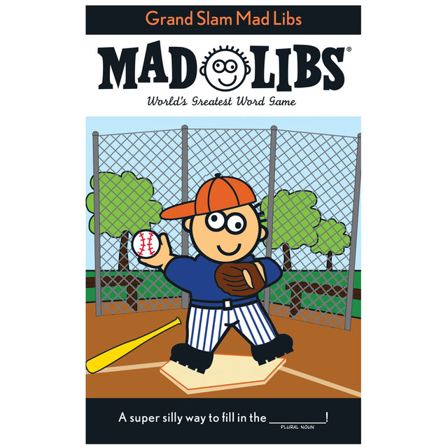 Mad Libs Grand Slam with a cartoon baseball player ready to pitch on a baseball field background.