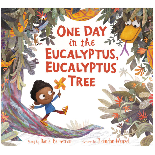 Cover of One Day in the Eucalyptus, Eucalyptus Tree showing a boy holding a flower near a snake in a colorful forest.