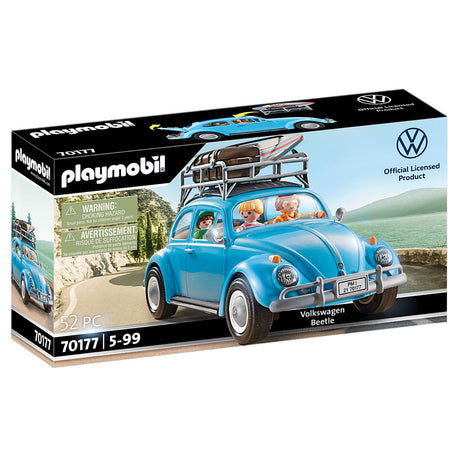 Playmobil Volkswagen Beetle toy with roof rack, figures, surfboard, and beach accessories in a blue classic car design.