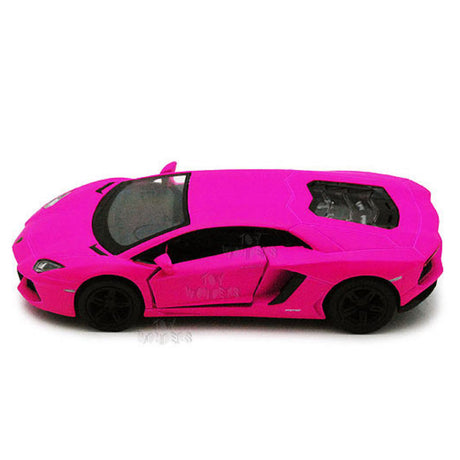 Matte Lamborghini diecast metal car in bright pink with pullback motor and opening doors, 1:36 scale by Kinsmart.