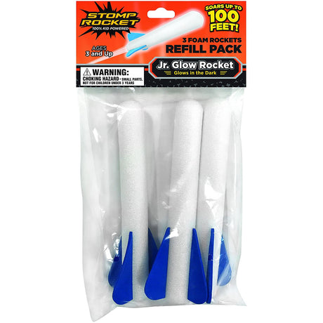 Stomp Rocket JR Refill pack with 3 foam Jr. Glow Rockets, kid-powered and glows in the dark for outdoor fun.