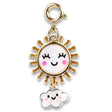 Gold Sunshine Charm with enamel smiling sun and dangling happy cloud, perfect for brightening grey skies.
