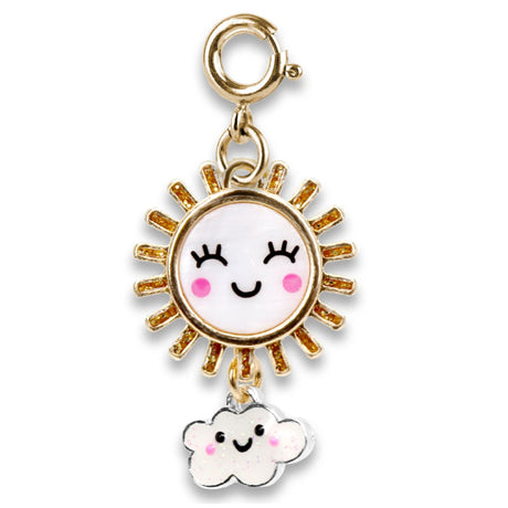 Gold Sunshine Charm with enamel smiling sun and dangling happy cloud, perfect for brightening grey skies.
