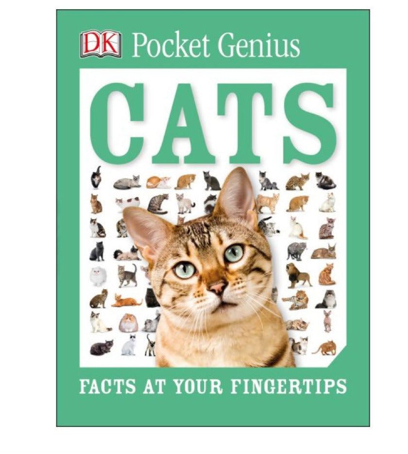 Pocket Genius Cats book cover with a large cat image and smaller cat breed photos on a green background.