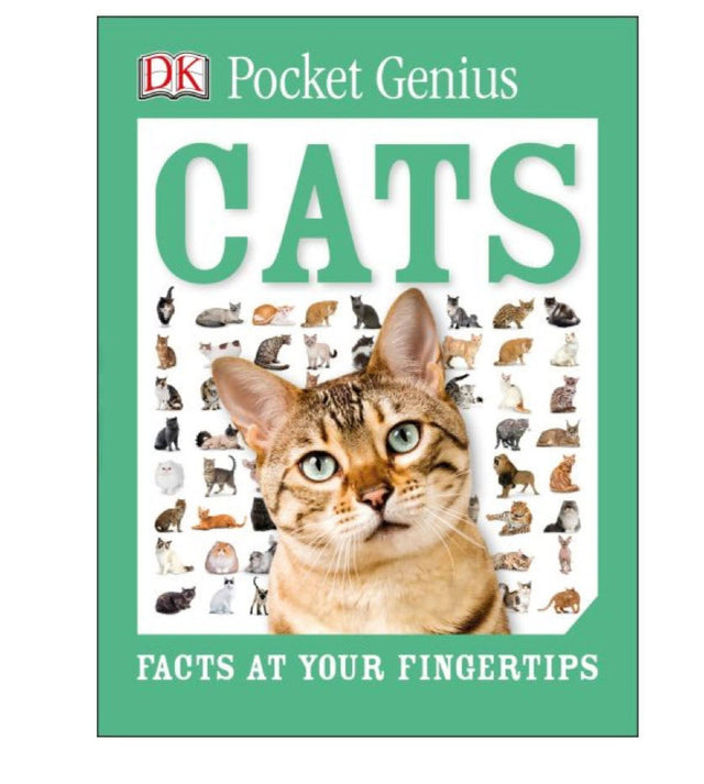 Pocket Genius Cats book cover with a large cat image and smaller cat breed photos on a green background.