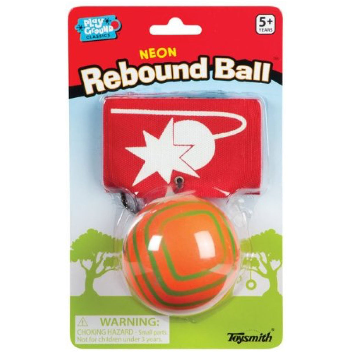 Rebound Ball with orange and green foam ball, stretchable cord, and red Velcro wrist bracelet for ages 5 and up.