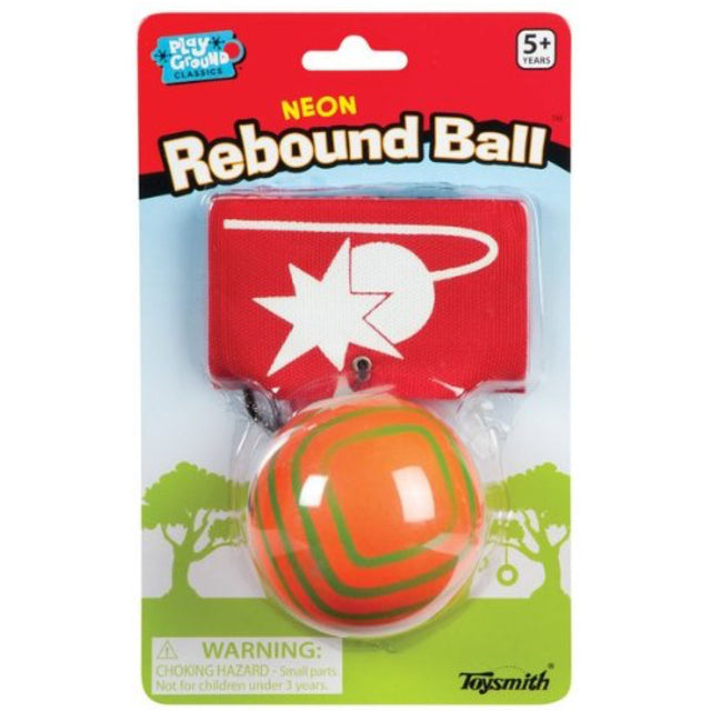 Rebound Ball with orange and green foam ball, stretchable cord, and red Velcro wrist bracelet for ages 5 and up.