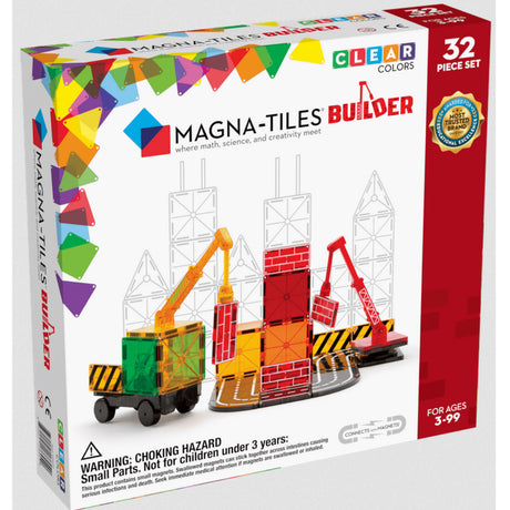 Magnatiles Builder 32pc set with clear magnetic tiles, cranes, wheels, and road pieces for creative construction play.