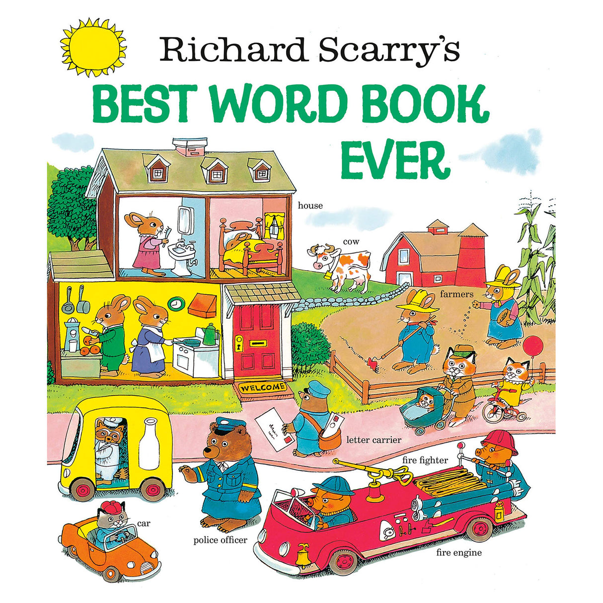 Richard Scarry's Best Word Book Ever cover showing labeled animals and vehicles in a colorful, friendly illustration.