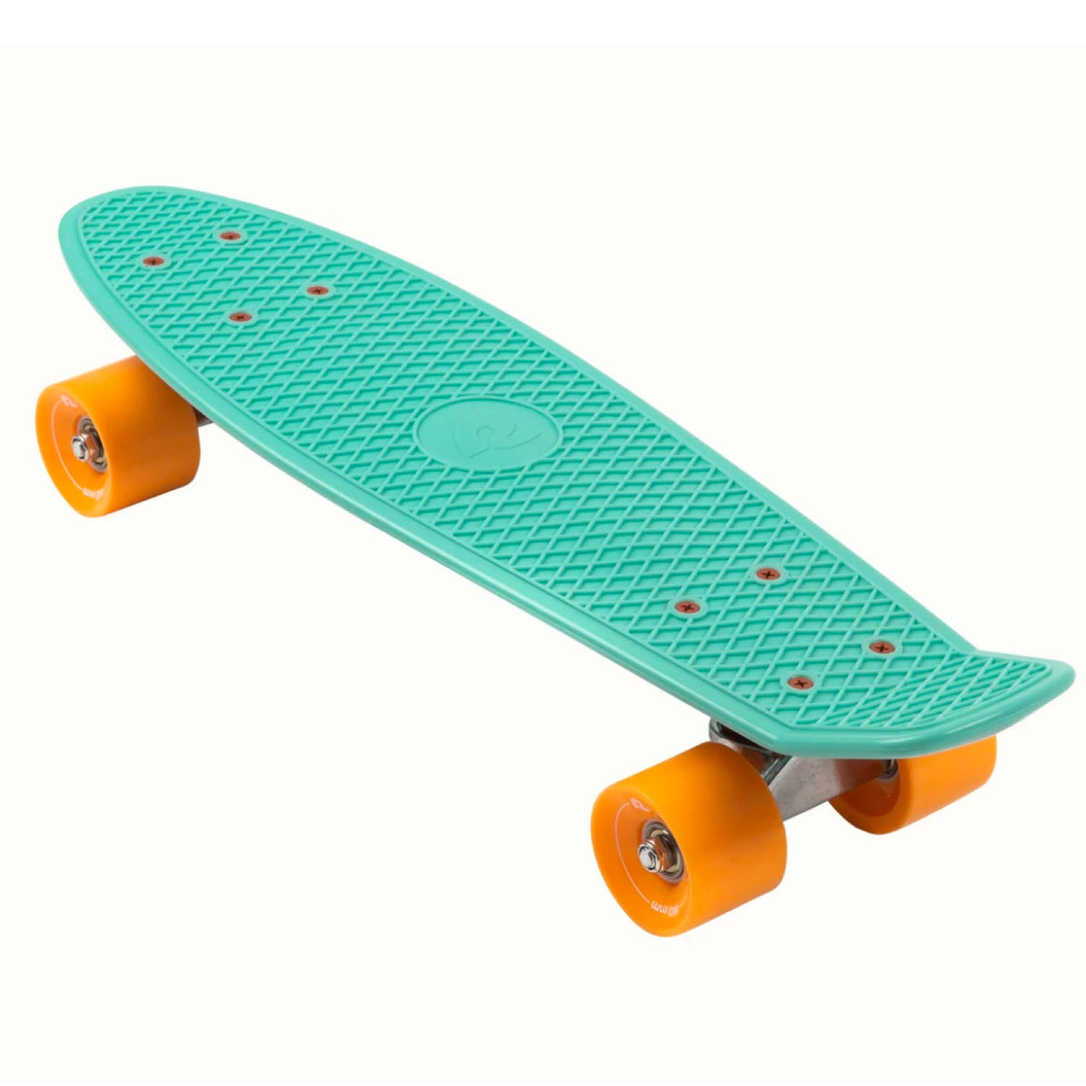 Quip Mini Cruiser Skateboard Seafoam with orange wheels and textured grippy deck, perfect for commuting and cruising.