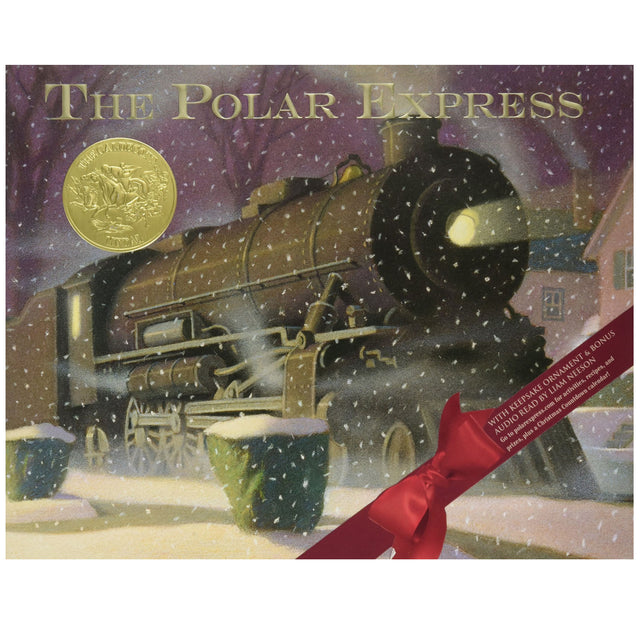 The Polar Express hardcover book cover showing a snowy train scene with a red ribbon and gold award seal.