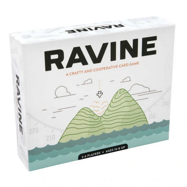 Ravine survival card game box with mountain illustration designed for 3-6 players ages 10 and up.