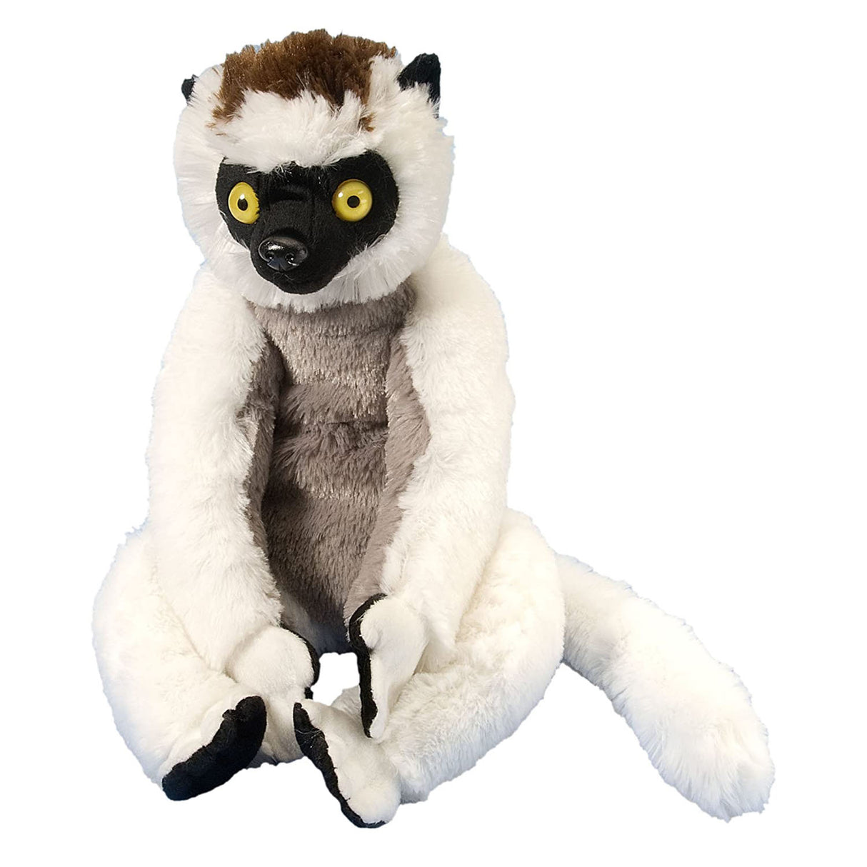Sifaka Monkey plush with white fur, gray belly, black face, and bright yellow eyes, soft and eco-friendly stuffed animal.