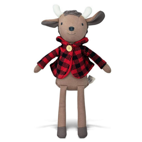 Organic Buffalo Romeo plush toy wearing a red plaid jacket made from organic cotton knit, 15 inches tall.