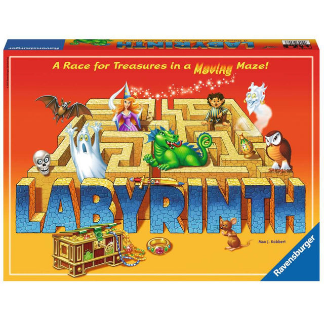 Labyrinth board game box showing maze, treasures, and fantasy characters for a magical treasure hunt adventure.