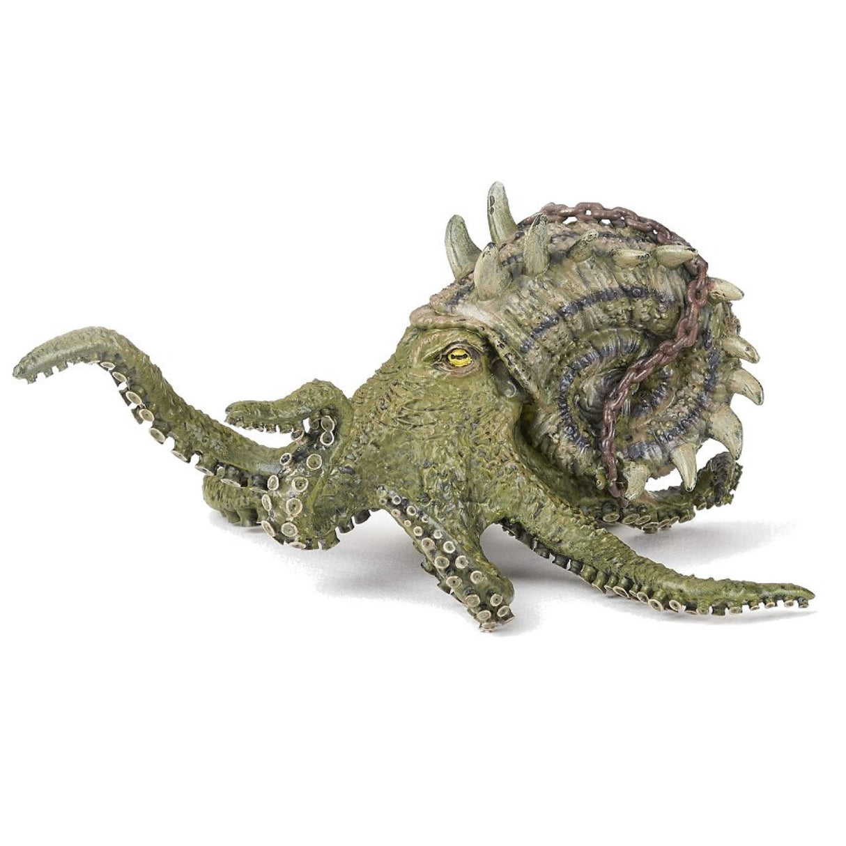 Kraken figure with dark sea green body, spiral shell with spines, rusted chain, and yellow eyes on white background.