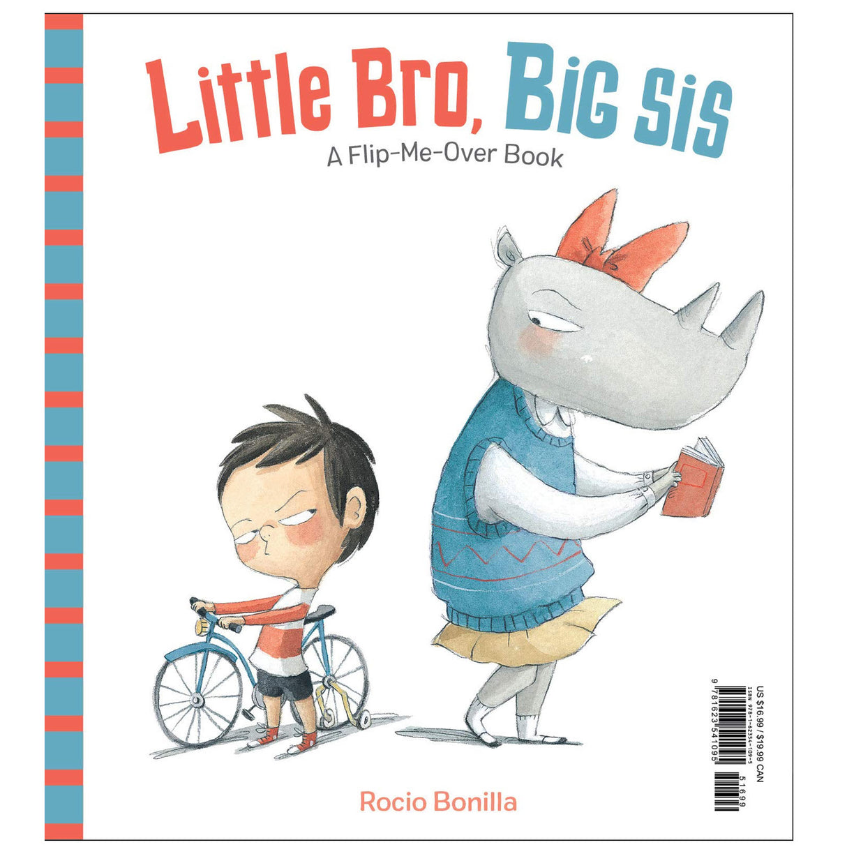 Book cover of Little Bro, Big Sis featuring a boy with a bike and a rhinoceros girl reading a book.